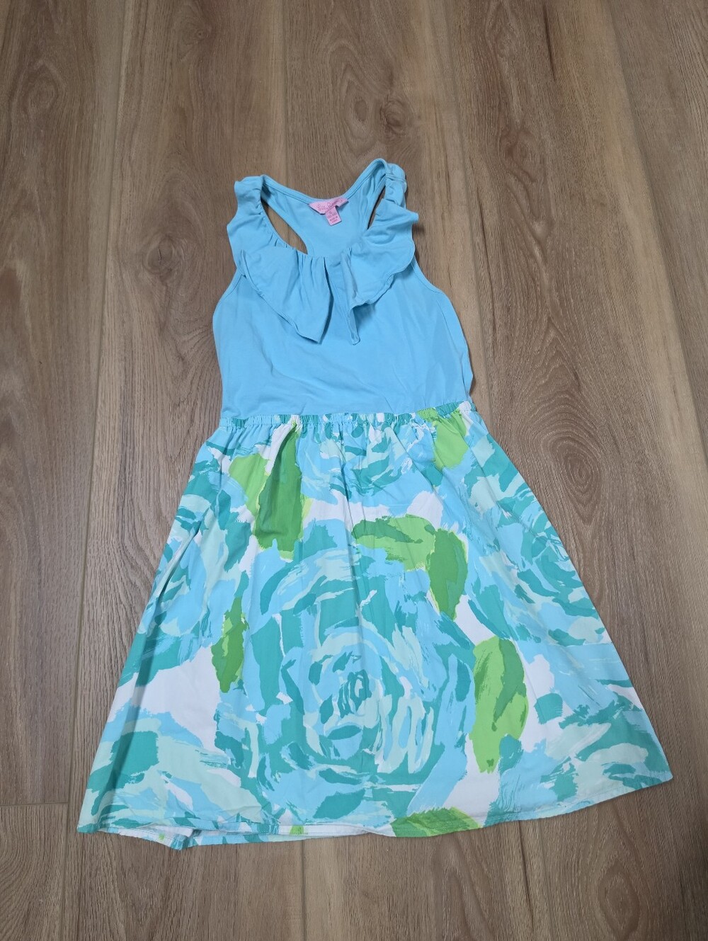 Lilly Pulitzer Girls Aqua & Green Floral Ruffle Tank Dress